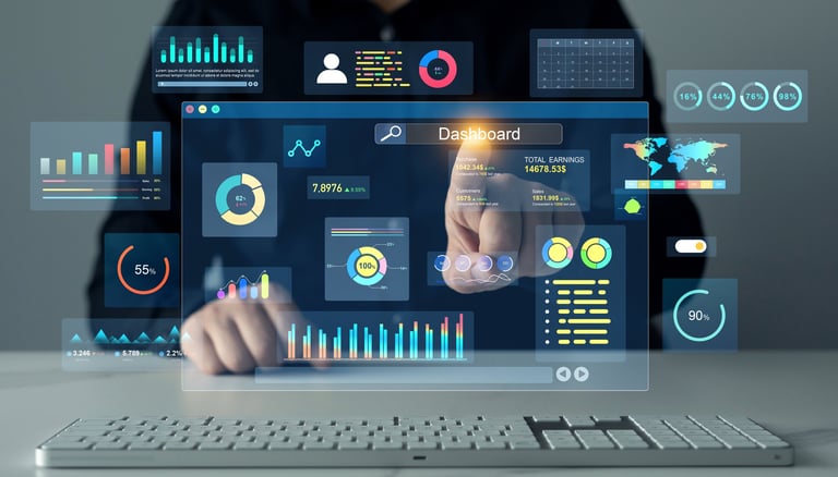 Data System KPI and metrics connected in database for follow earnings, operations and sales data. Businessman using KPI dashboard. Financial business KPI System data analytics graph dashboard