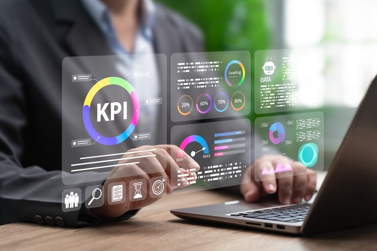KPI Data Analysis and Business Performance Metrics Dashboard Concept, Businessman Reviewing Key Indicators to Improve Strategy, Productivity, Decision-Making for Sustainable Growth, Digital Marketing