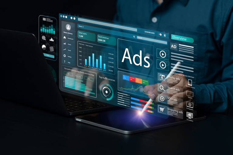 Concept of digital marketing, data analysis, SEO, and business technology investment. Marketer analyzing an online advertising campaign on a futuristic virtual dashboard with charts and data. ads.