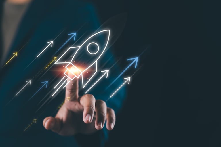 Businessman touching rocket with upward arrows, symbolizing startup growth, business launch, innovation, support, entrepreneurship, progress, and successful development strategy.