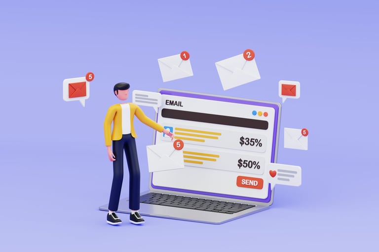 3D illustration of email marketing campaign with laptop dashboard